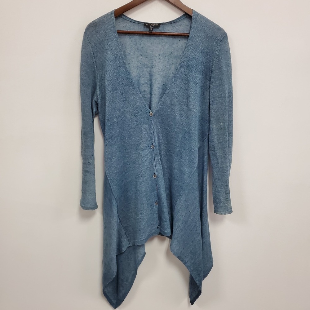 Eileen Fisher Womens Fairy Grunge Sharkbite Linen Cardigan‎ Size M Petite Blue